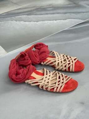 Fendi Red Suede and Beige Strappy Mesh Ankle Wrap Flat Sandals Size 40